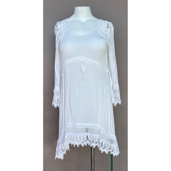 Mlle Gabrielle Dresses & Skirts - Mlle Gabrielle Dress M 3/4 Sleeve Tie Waist Crocheted Trim‎ Boho Coastal Fairy